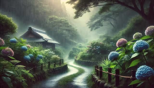 田舎道と紫陽花、しっとりした空気感の雨の風景