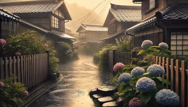 静かな住宅街の雨の様子と咲き誇る紫陽花