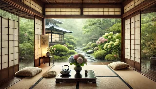 畳敷きの和室、雨の庭を眺める窓と季節の花